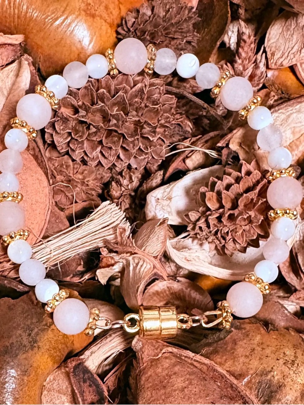 Kids Rose Quartz, White Pearled Glass & Gold Beaded Bracelet with magnetic clasp